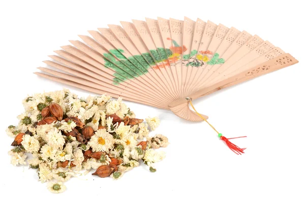 Chinese tea and hand fan — Stock Photo, Image