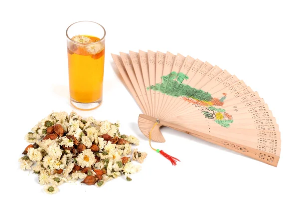 Čínský čaj a ruční ventilátor — Stock fotografie