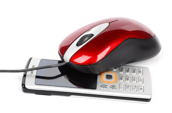 Mobilní telefon a myš — Stock fotografie