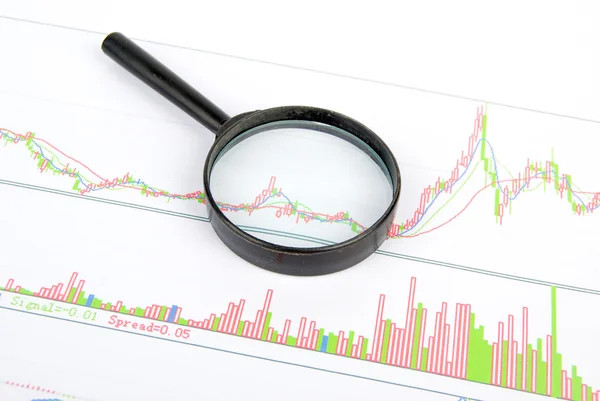 Lupa y gráfico de existencias —  Fotos de Stock