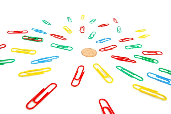 Paper clips and coin — Stock Photo, Image