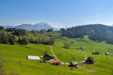 Burgenstock, Switzerland - April 4, 2020: View on small farm close to Burgenstock in Switzerland during spring 2020