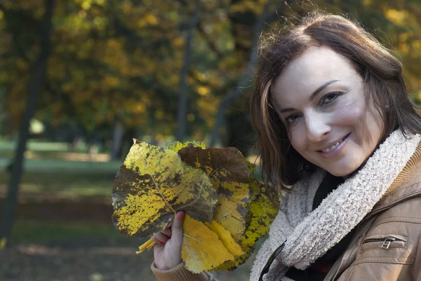 Vacker kvinna med fall blad — Stockfoto