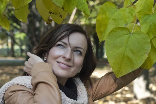 Красивая женщина с зелеными листьями осенью — стоковое фото