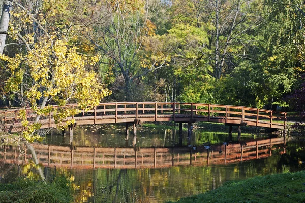 Puente de madera y libra en otoño — Foto de Stock