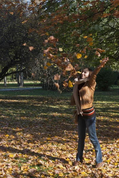 Young woman throwing autumn leaves — Stock Photo, Image