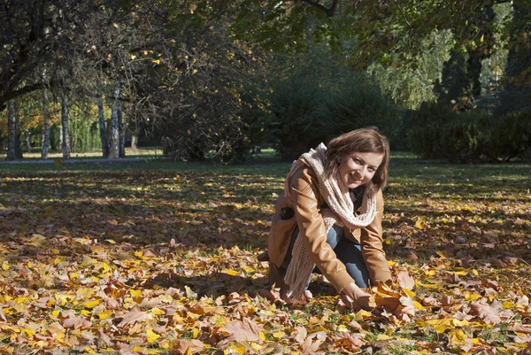 Atraktivní mladá žena a na podzim listí — Stock fotografie