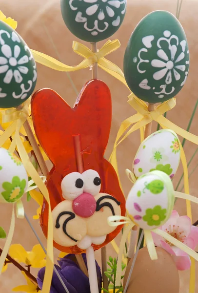 Red easter bunny with eggs — Stock Photo, Image