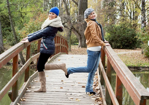 Dos atractivas mujeres caucásicas posando en un puente de madera —  Fotos de Stock