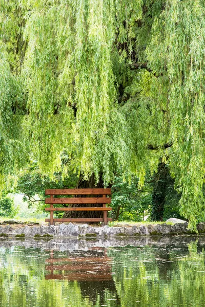 Holzbank und Trauerweide spiegeln sich im See — Stockfoto