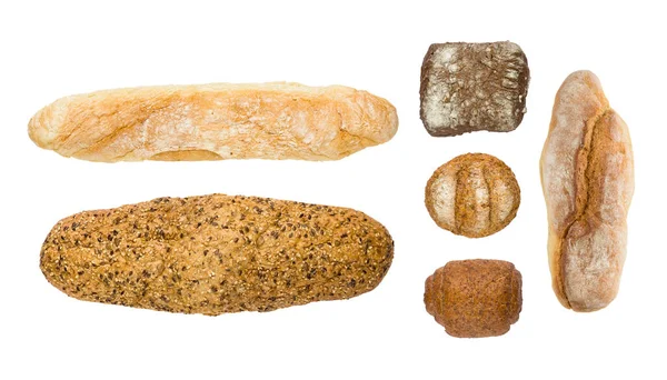 Sada Různých Čerstvého Chleba Izolované Bílém Pozadí Horní Pohled — Stock fotografie