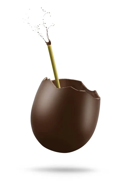 Broken Chocolate Easter Egg Drinking Straw White Background — стоковое фото