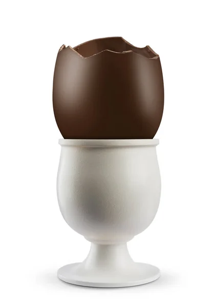 Broken Chocolate Easter Egg Egg Cup White Background — Stok fotoğraf