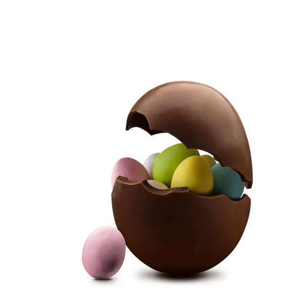 Broken Chocolate Easter Egg Colorful Eggs White Background — Stock Photo, Image