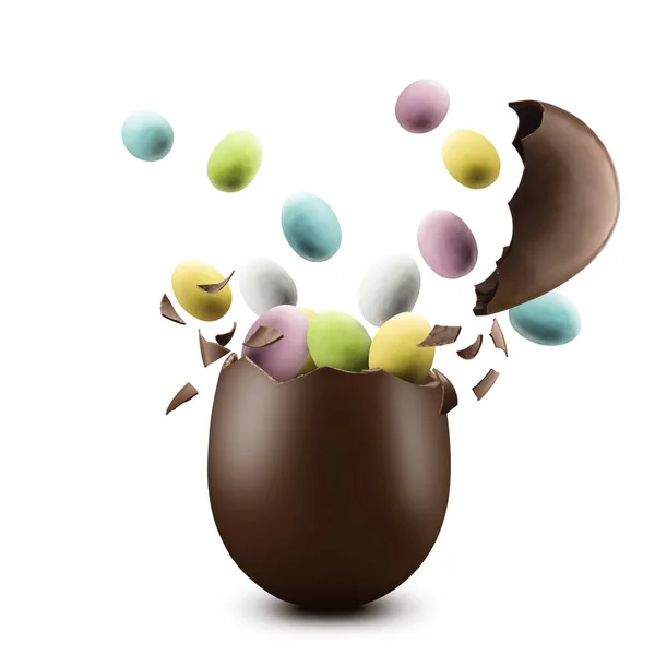Explosion Colorful Eggs Broken Chocolate Easter Egg White Background — Stock Photo, Image