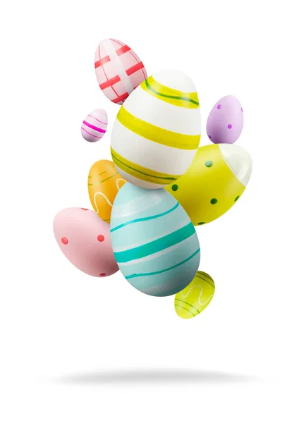 Пасхальные Яйца Группа Цветных Пасхальных Яиц Прыгает Белом Фоне — стоковое фото