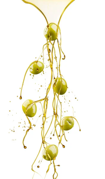 Aceitunas Verdes Salpicaduras Aceite Aisladas Sobre Fondo Blanco — Foto de Stock