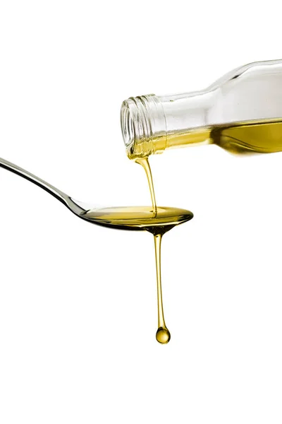 Olive Oil Bottle Pouring Oil Spoon Isolated White Background — Stock Photo, Image