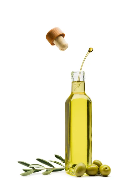 Olive Oil Bottle Green Olives White Background — Stock Photo, Image
