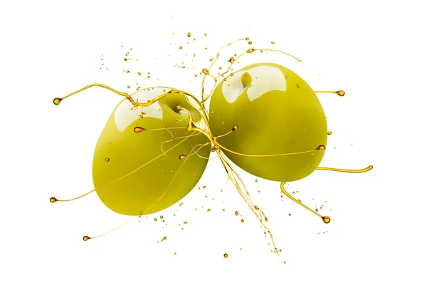 Grandi Olive Verdi Scontrano Spruzzano Olio Isolato Sfondo Bianco — Foto Stock