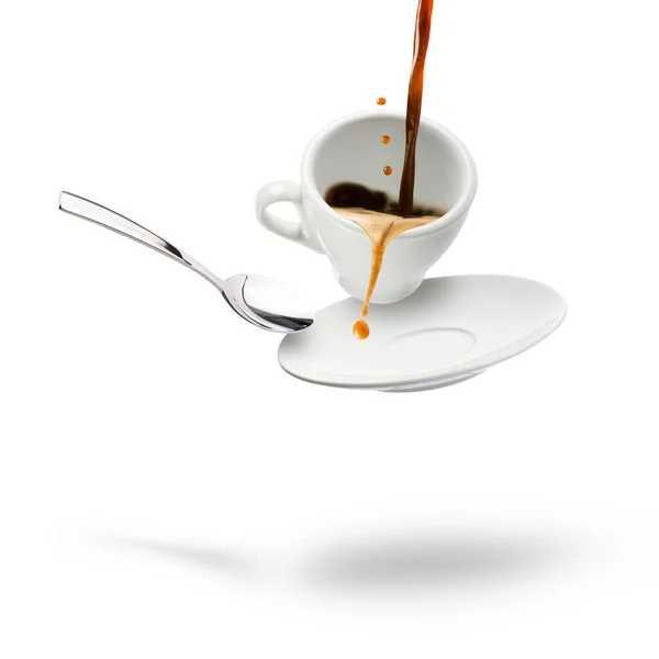 Cup Coffee Saucer Spoon Floating White Background — Stock Photo, Image