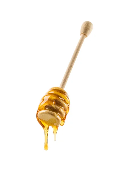 Honey Dripping Wooden Dipper Isolated White — Stock Photo, Image