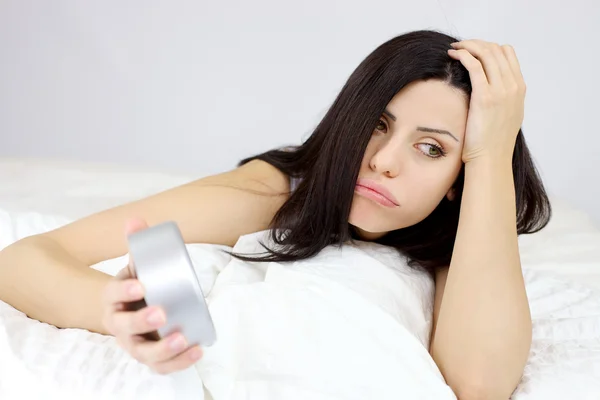 Woman upset about being late overslept — Stock Photo, Image