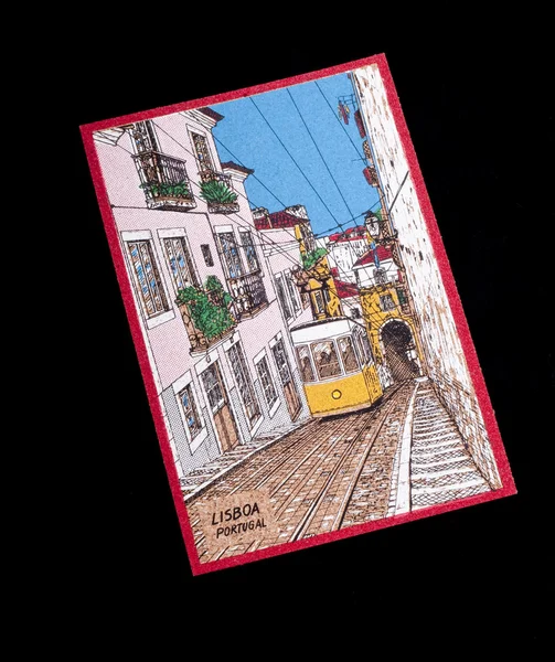 Lisbon painting and Postcard made by cork material — Stock Photo, Image