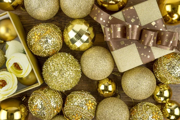 Assortments Gold Christmas Ornamental Baubles Present Boxes — Stock Photo, Image