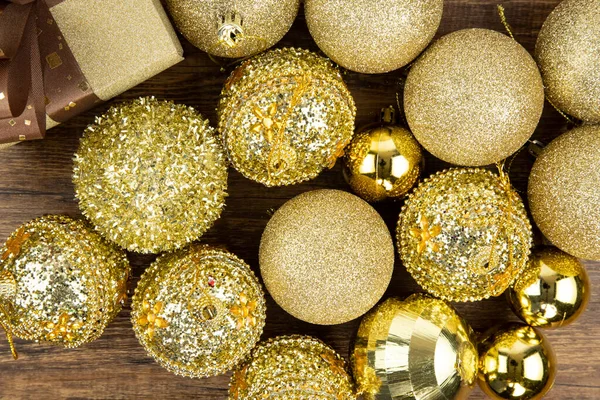 Assortments Gold Christmas Ornamental Baubles Present Box Closeup Directly — Stock Photo, Image