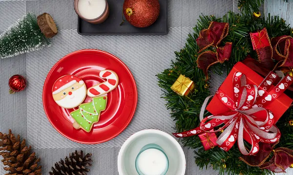 Top View Christmas Table Settings Gift Boxes Sugar Coated Biscuits — Stock Photo, Image