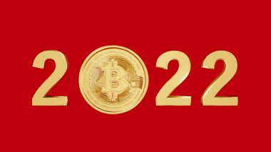 3D, altın bir bitcoin ve 2022 sayısının çizimi. Kripto para birimi ve Yeni Yıl kavramları.