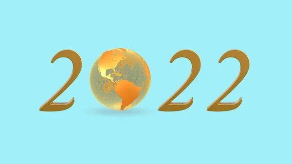 Rendered Illustration Golden Wire Frame Globe Number 2022 Pale Blue — Stock Photo, Image