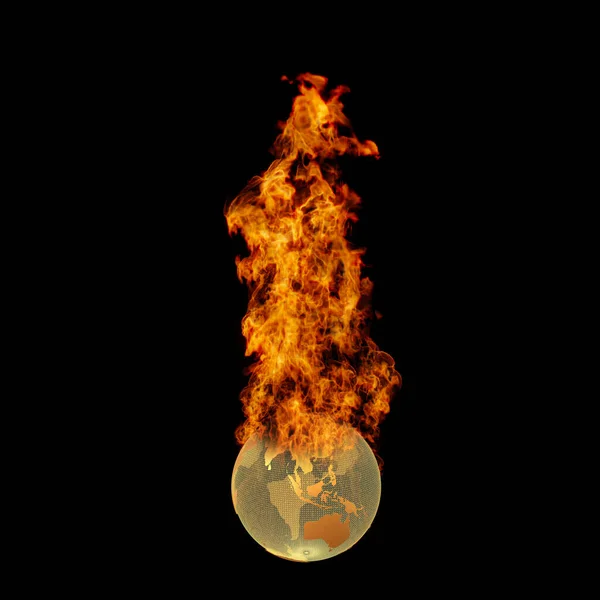 燃焼炎に惑星地球の3Dレンダリングイラスト 地球温暖化の概念 — ストック写真