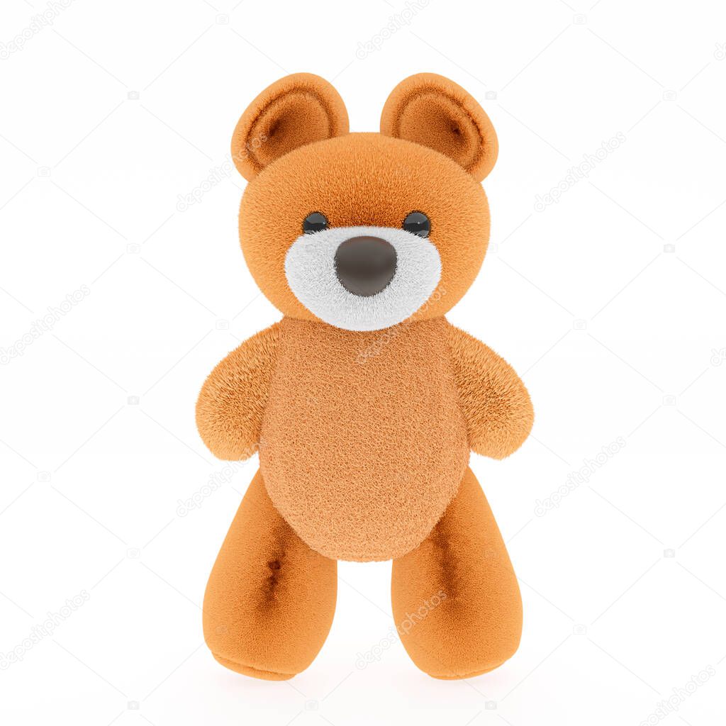 3D rendering illustration of a cute standing fluffy toy bear on white background.