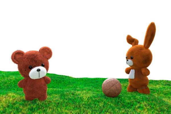 3d render illustration of stuffed toy bear and rabbit playing ball on a grass meadow.