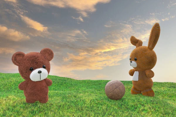 3d render illustration of stuffed toy bear and rabbit playing ball on a grass meadow.