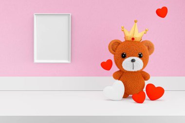 Resim çerçeveli beyaz ekran rafında 3 boyutlu oyuncak ayı çizimi. Çocuk odası modeli..