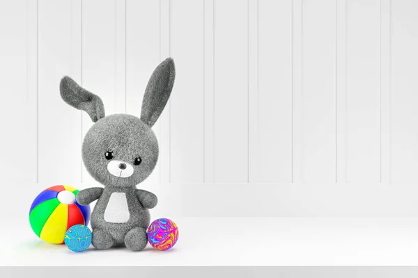 3d render ilustration of toy rabbit on pink display shelf. Kid room mock up.