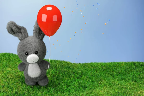 3d render illustration of a cute stuffed toy rabbit holding a red balloon.
