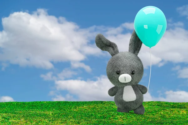 3d render illustration of stuffed toy rabbit with a blue balloon on a grass field.