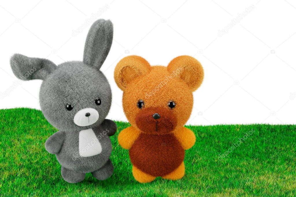3d render illustration of toy rabbit and bear models standing on a grass field.
