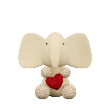 Beyaz arka planda izole edilmiş, pofuduk kırmızı bir kalp yastığı taşıyan oyuncak fil modelinin 3D çizimi.