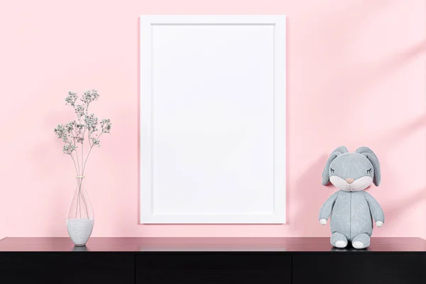 White picture frame mock up on  pink concrete wall. 3d rendered image.