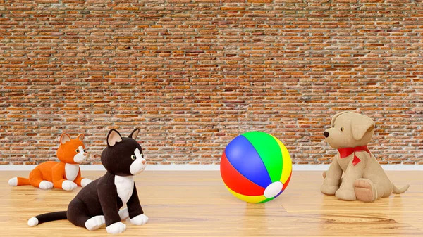3d rendered iluustration of cute stuffed toy animals in a brick wall room.