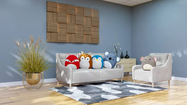 3d rendered of a living room with cozy sofa fulled with animal pillows.