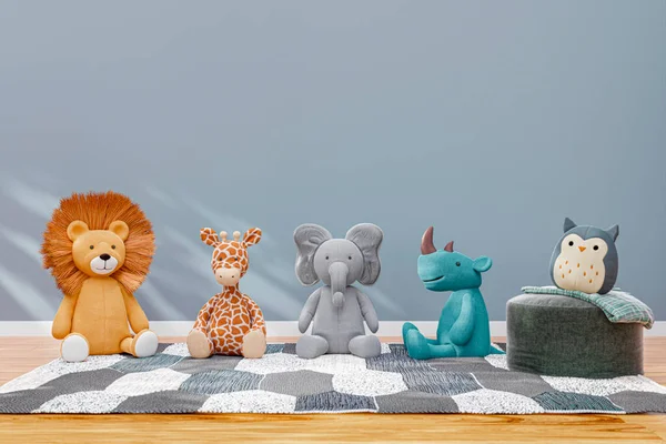 3d rendered illustration of stuffed toy animals on a  grey and white and carpet with copy space.