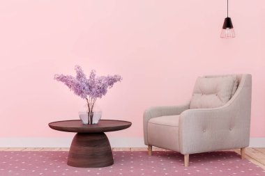 Pembe halıdaki modern kanepenin 3D çizimi..