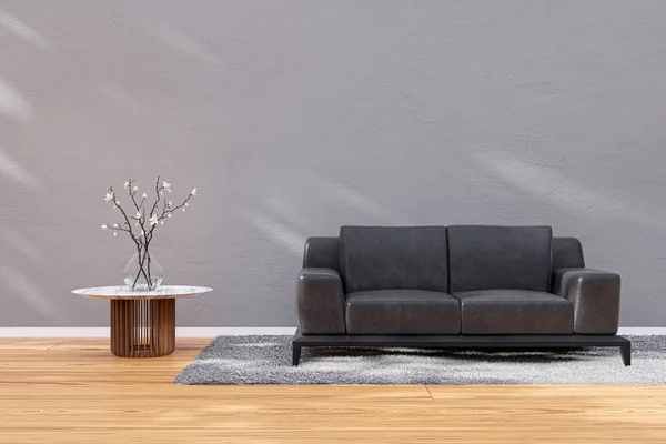 Sonnenbeschienener Wohnraum Mit Schwarzem Ledersofa Redering Illustration — Stockfoto