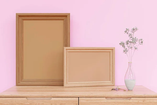 Picture frame mock up on a wooden sideboard 3d rendered illustration.